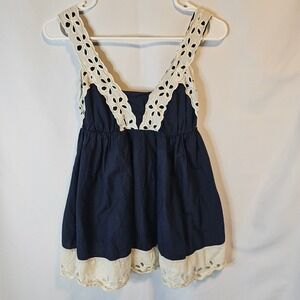 Odille Anthropologie Babydoll Top Womens 4 Blue Cream Eyelet Boho Cottagecore